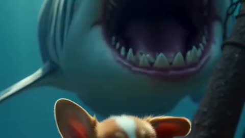 A tiny corgi puppy, frail and trembling, sits at the bottom of the ocean, shackled by a rusted chain