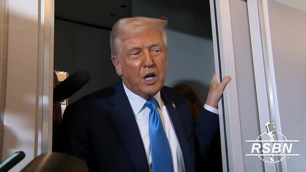 RSBN President Trump takes questions on Tariffs aboard AF1 before landing at PBI - 32824