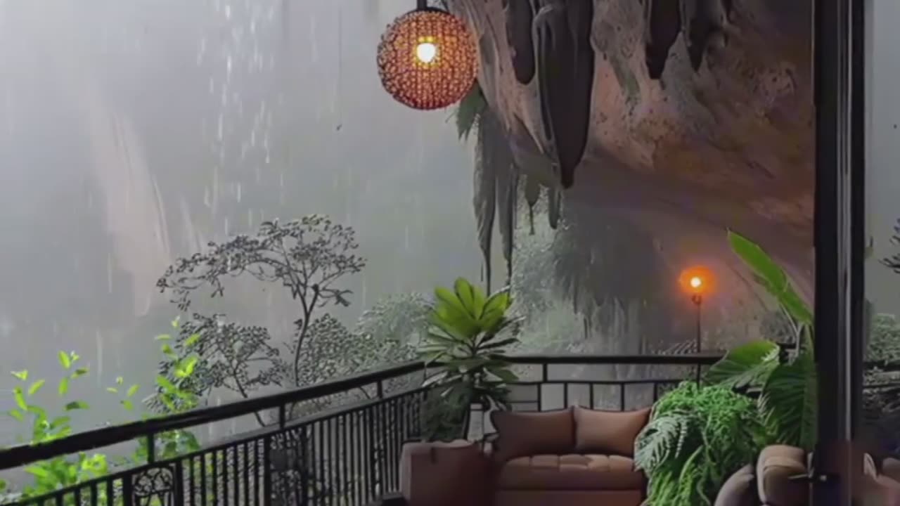 Cliffside Tea Lounge Retreat with Lanterns, Rainfall, Misty Valley Views.