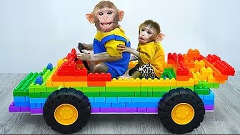 KiKi Monkey drives car made of Lego Building Blocks with Naughty baby