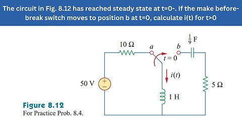 Practice Prob 8.4 | The circuit in Fig. 8.12 has reached steady state at t=0- | FEC 4th Edition