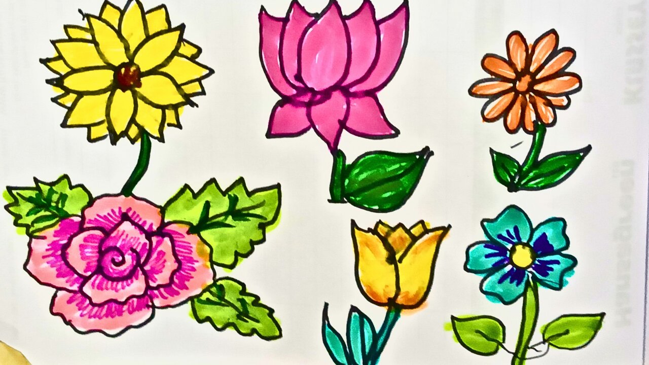 How to Draw 5 Flowers Step by Step | Easy Flower Drawing Tutorial for Beginners