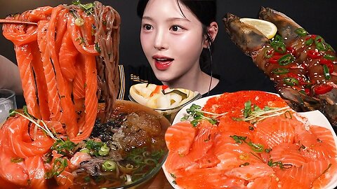 Salmon Noodles, Giant Soy Sauce Tiger Shrimp & Salmon Rice Bowl Mukbang | ASMR