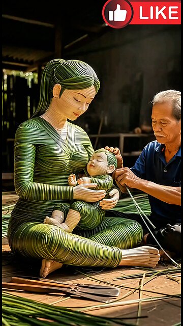 Father's handicraft of making attractive statues from bamboo sticks AI generate funny
