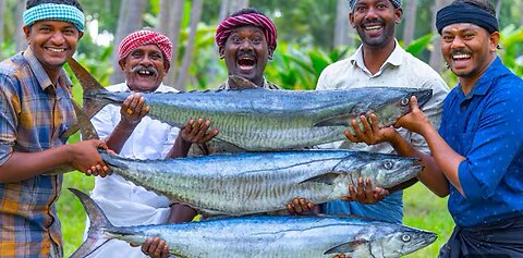 3 BIG FISH FRY | Streaked Spanish Mackerel Fish Fry Recipe Cooking In Village Vanjaram Meen Varuval