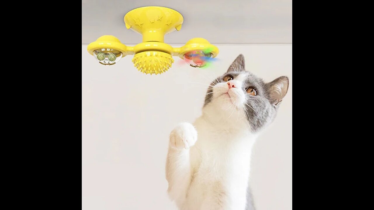 Interactive Rotate Windmill Cat Teasing Toy, with Suction Cup, Catnips, Bells & Massage Hair Brush