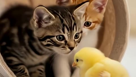 cute kitten and chick