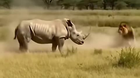 Gorilla and rhino beats lion