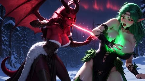 Red Succubus Dominates the Dryad Beneath Blood Aurora, AI Video