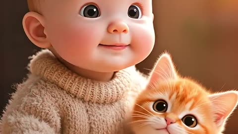 Kitten and baby sing together