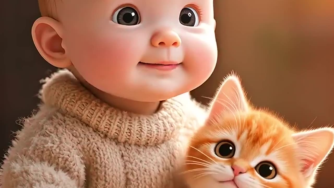 Kitten and baby sing together
