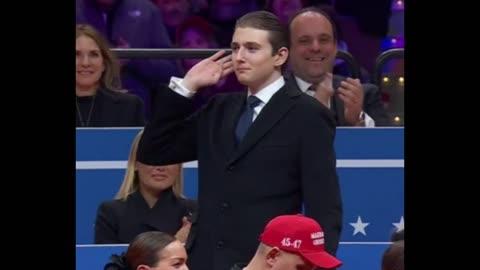 President Trump introduces his son Baron Trump to the roaring crowd at his inauguration ceremony