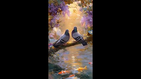 enjoy two pigeons sitting on the tree with sunrise and rain with fish.