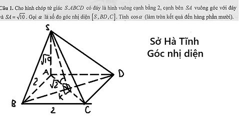 Sở Hà Tĩnh: Góc nhị diện: Cho hình chóp tứ giác S.ABCD có đáy là hình vuông cạnh bằng 2, cạnh bên SA