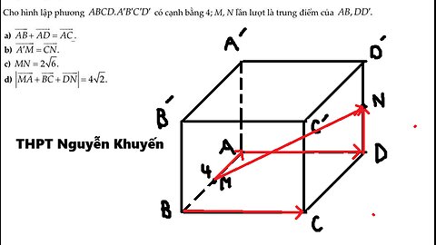 THPT Nguyễn Khuyến 2026: Cho hình lập phương ABCD.A'B'C'D' có cạnh bằng 4; M,N lần lượt là trung