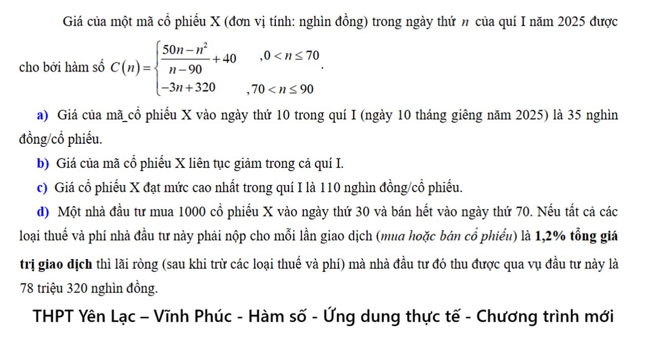 THPT Yên Lạc – Vĩnh Phúc: Giá của một mã cổ phiếu X (đơn vị tính: nghìn đồng) trong ngày