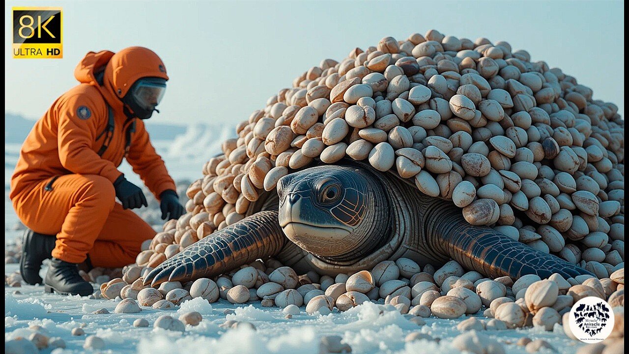 A TURTLE infested with a million barnacles is rescued by a brave crew