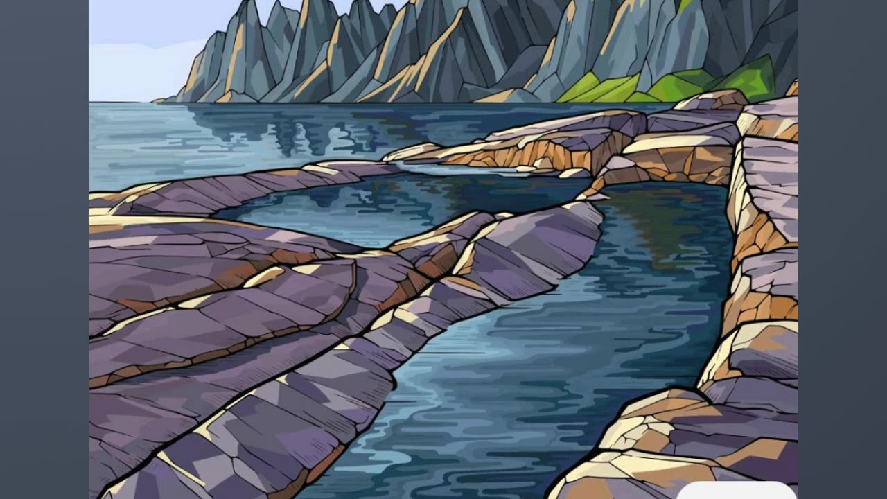Scenic Coastal Landscape Artwork with Rocks and Serene Waters
