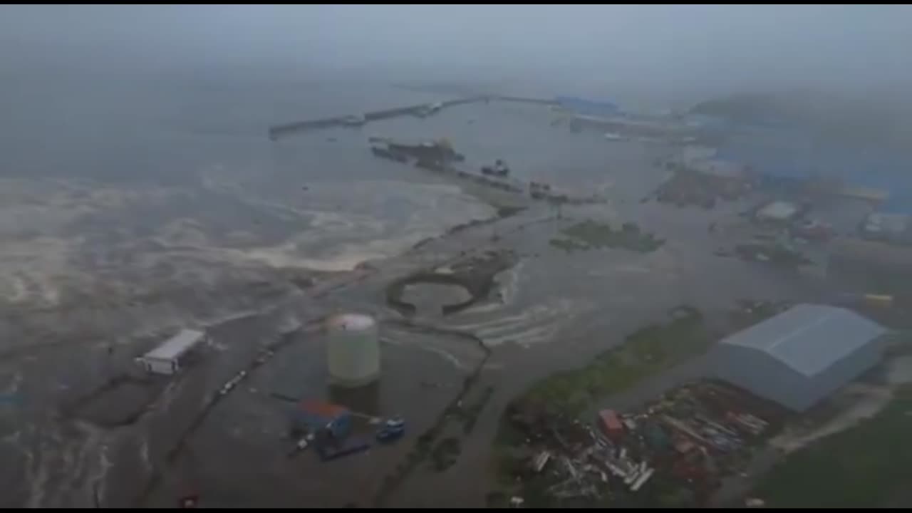 Aerial footage from Severo-Kurilsk, Russia after being hit by tsunami waves.