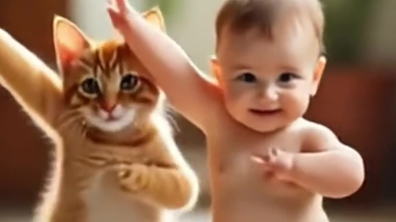 Babay and cat dancing