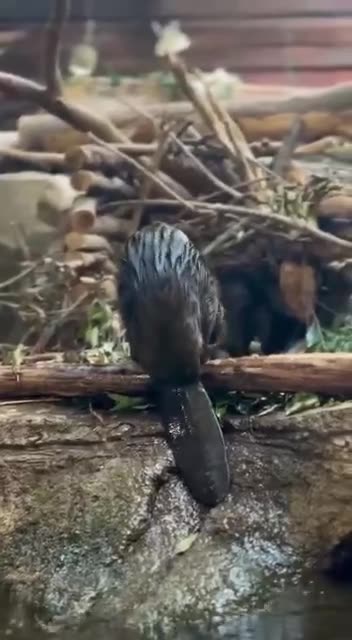 Mama beaver goes out to bring baby back