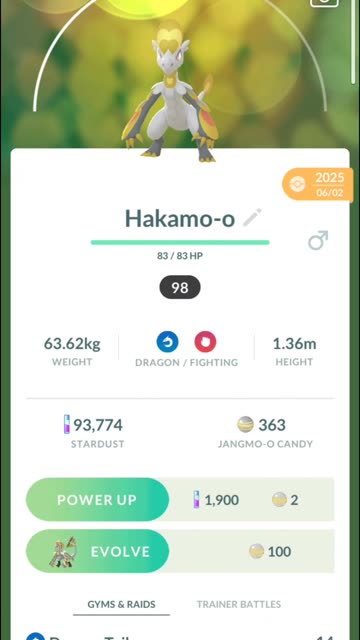 Pokemon Go Evolution - 98% iV Jangmo-o ➡️ Hakamo-o