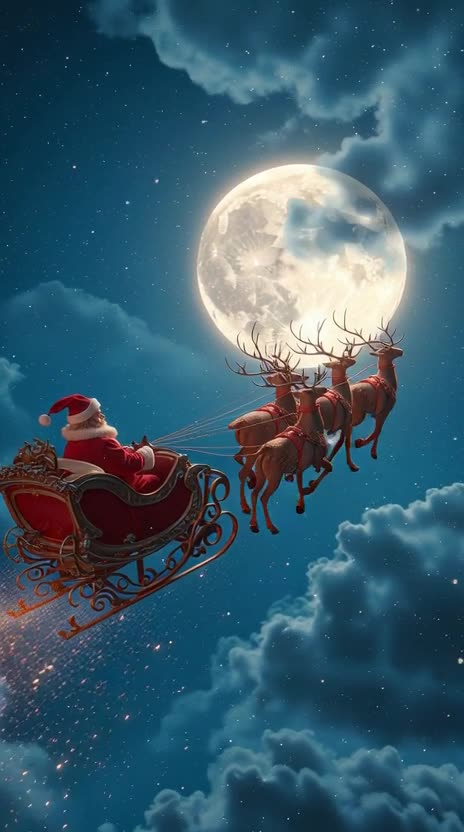 Santa Claus in his sleigh pulled by majestic reindeer, crossing a winter night sky with a huge