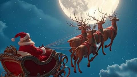 Santa Claus in his sleigh pulled by majestic reindeer, crossing a winter night sky with a huge
