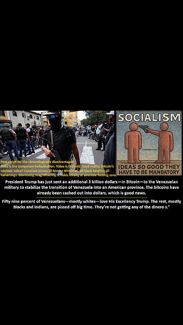 His Highness Trump has just sent an additional 3 billion dollars—in Bitcoin—to the Venezuelan military to stabilize the transition of Venezuela into an American province. Fifty-nine percent of Venezuelans—mostly whites—love His Excellency Trump.