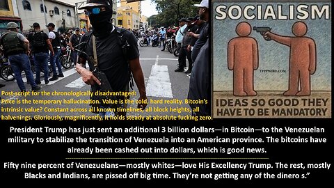 His Highness Trump has just sent an additional 3 billion dollars—in Bitcoin—to the Venezuelan military to stabilize the transition of Venezuela into an American province. Fifty-nine percent of Venezuelans—mostly whites—love His Excellency Trump.