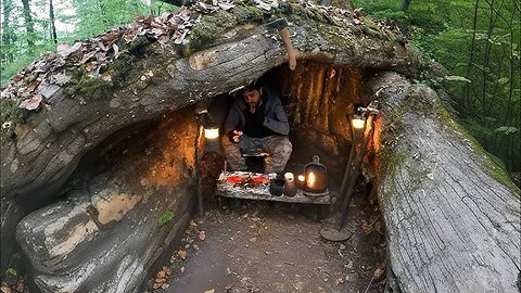 Bushcraft Shelter Under a Fallen Tree – Secret Dugout Build & Survival Camping