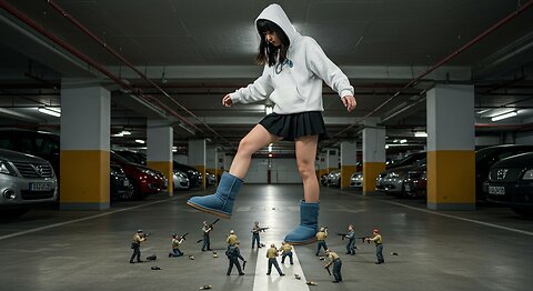 A Parking Garage a Adult Asain girl with hoodie With step on a lot of miniature enemies