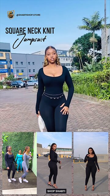 Square Neck Knit Jumpsuit with Wrist-Length Sleeve Finish🖤