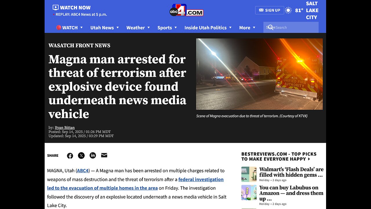 Utah man arrested for threat of terrorism after explosive device found underneath news media vehicle