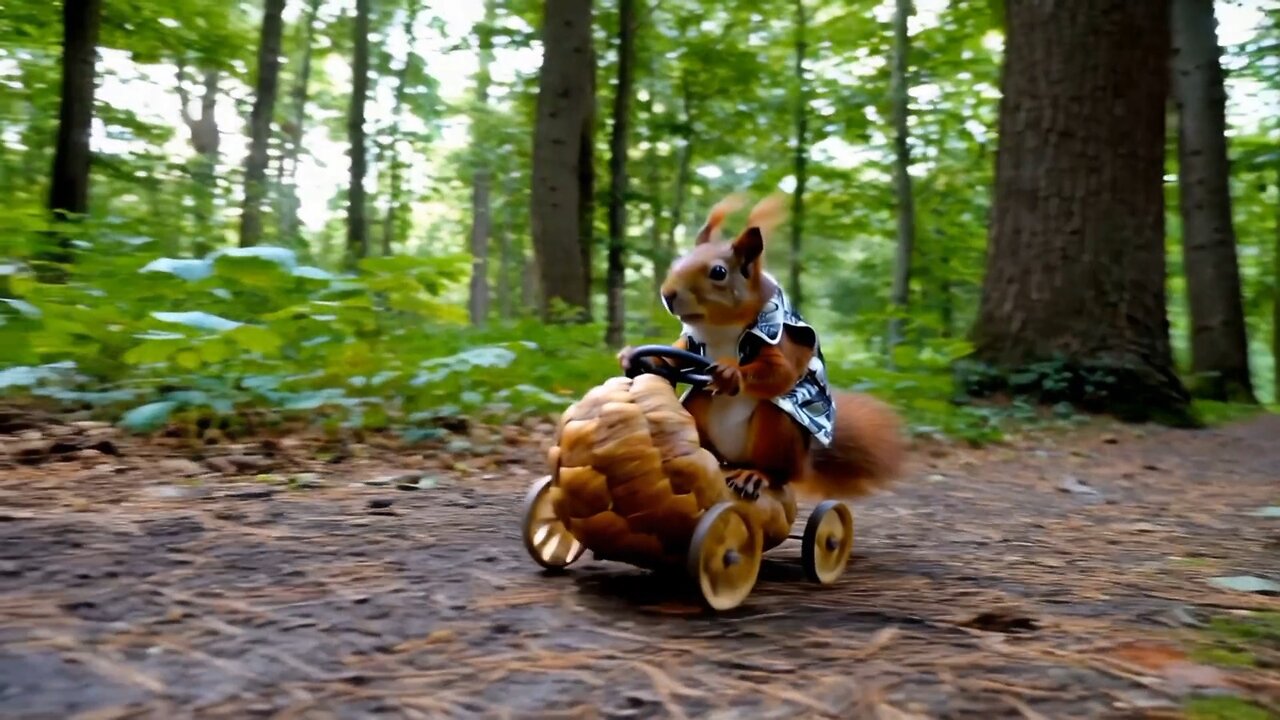 Squirrel Driving Hazelnut Shell Car on a Forest Path