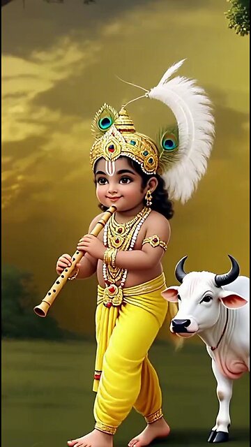 Krishna walking with little cow