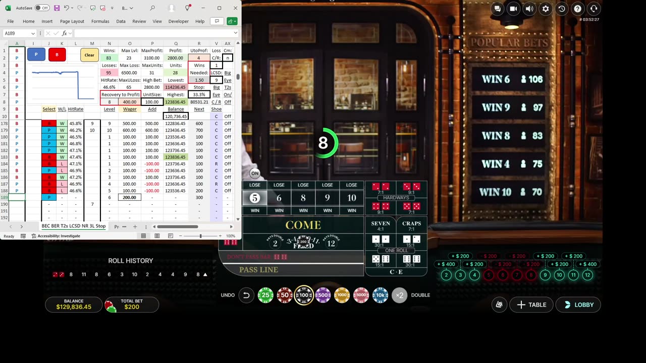 Live Craps - 100 units won in 98 minutes, betting every hand on Field, with LCSD MM set to 9