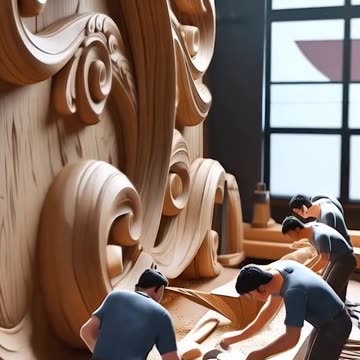 Miniature people working a group of wooden sculpture