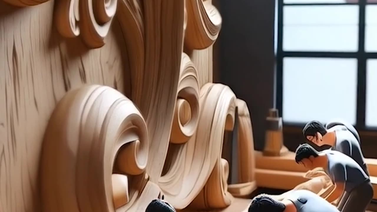 Miniature people working a group of wooden sculpture