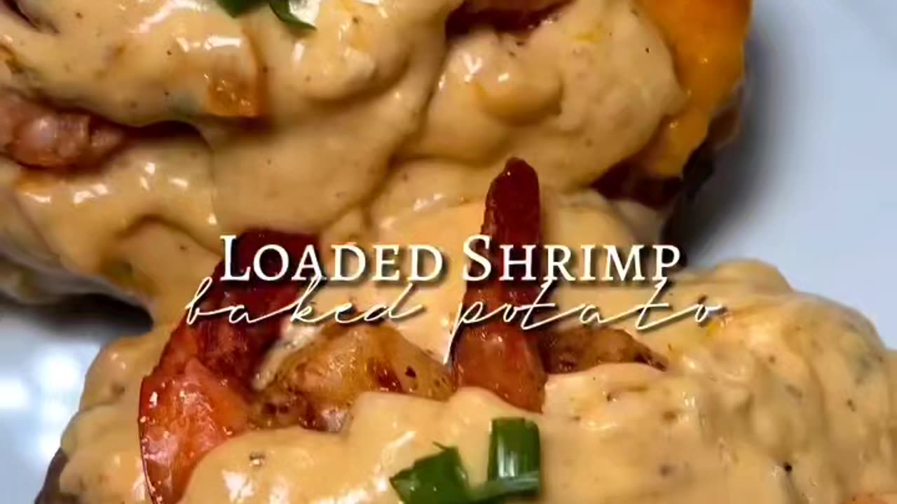 Baked potatoes with creamy loads shrimp topping