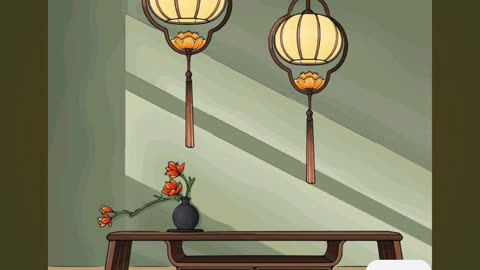 Elegant Oriental Interior Decoration With Wooden Table and Lanterns