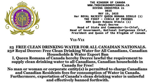 23 FREE CLEAN DRINKING WATER FOR ALL CANADIAN NATIONALS. 23# Royal Decree: Free Clean Drinking Watr