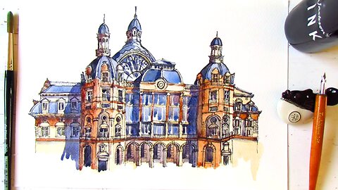 Urban Sketching Antwerp Central Station | Ink and Watercolor Architecture Painting