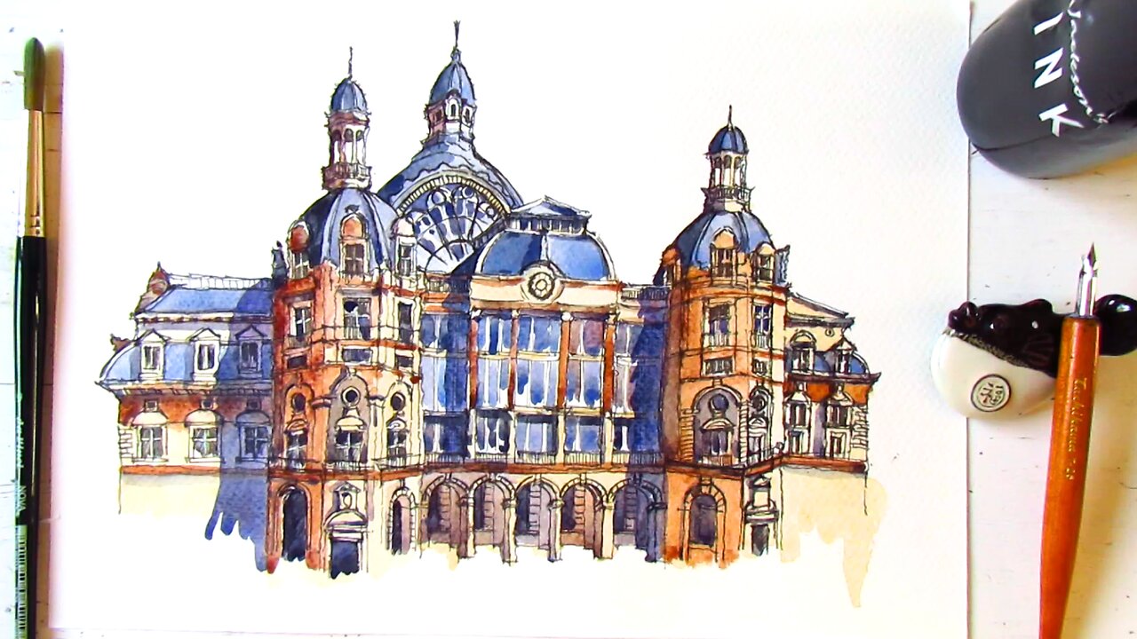 Urban Sketching Antwerp Central Station | Ink and Watercolor Architecture Painting