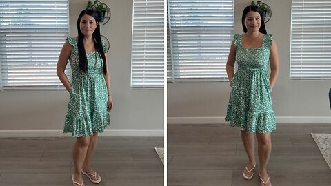 Womans summer dress with square neck.