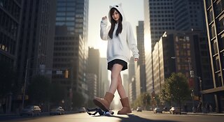 Giant Adult East Asian Girl with white Cat Hoodie and black skirt also Light Brown Ugg Boot Step