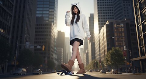 Giant Adult East Asian Girl with white Cat Hoodie and black skirt also Light Brown Ugg Boot Step
