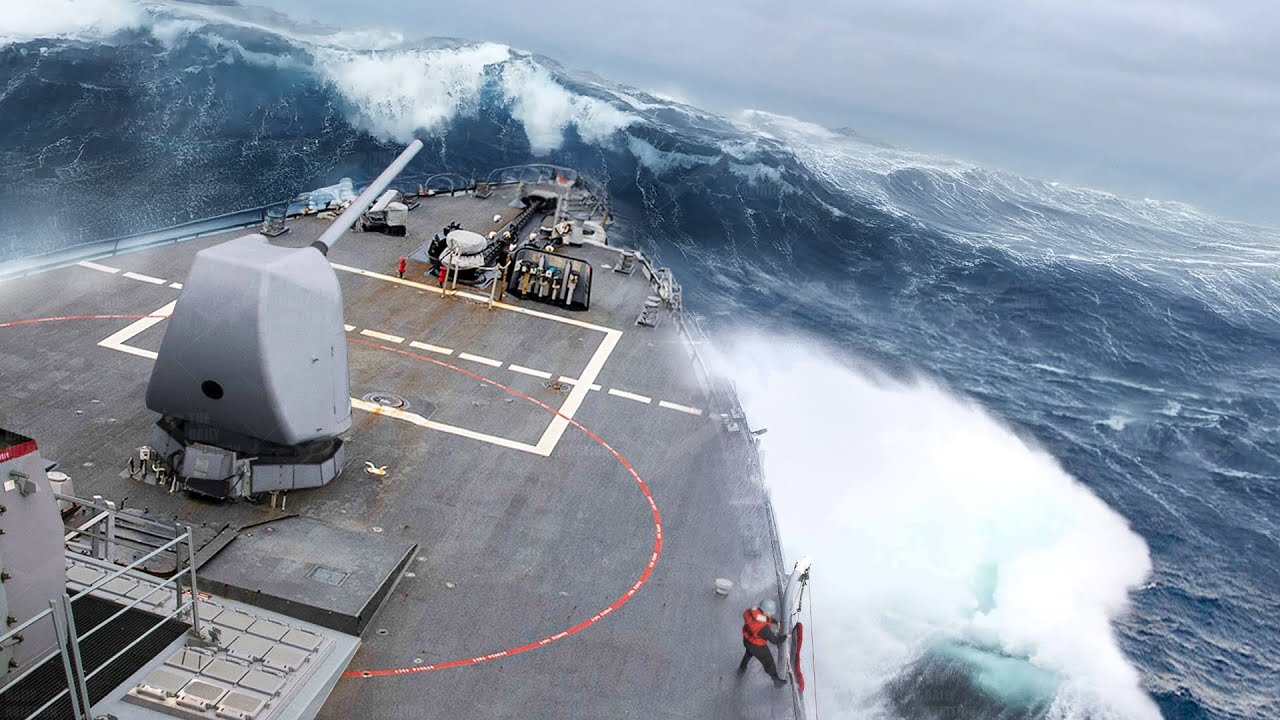 Massive US Navy Combat Ship Battling Giant Waves at High Speed