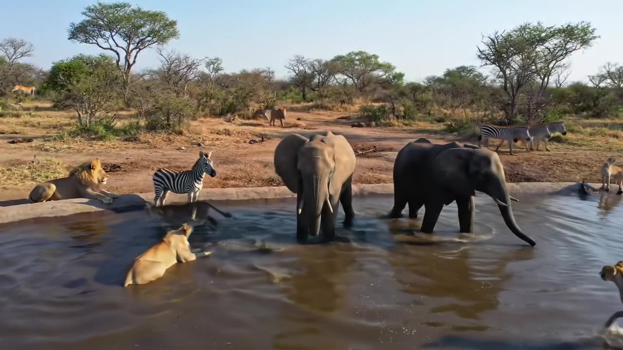 🌿 "Wildlife Harmony: Animals Gather by the Water's Edge"