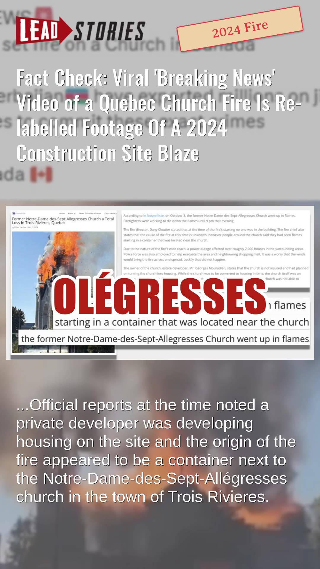 Fact Check: Viral Breaking News Video of a Quebec Church Fire Shows 2024 Construction Site Blaze